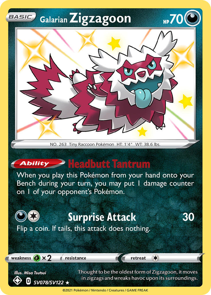Galarian Zigzagoon SV078/SV122 SWSH Shining Fates Holo Shiny Rare Pokemon Card