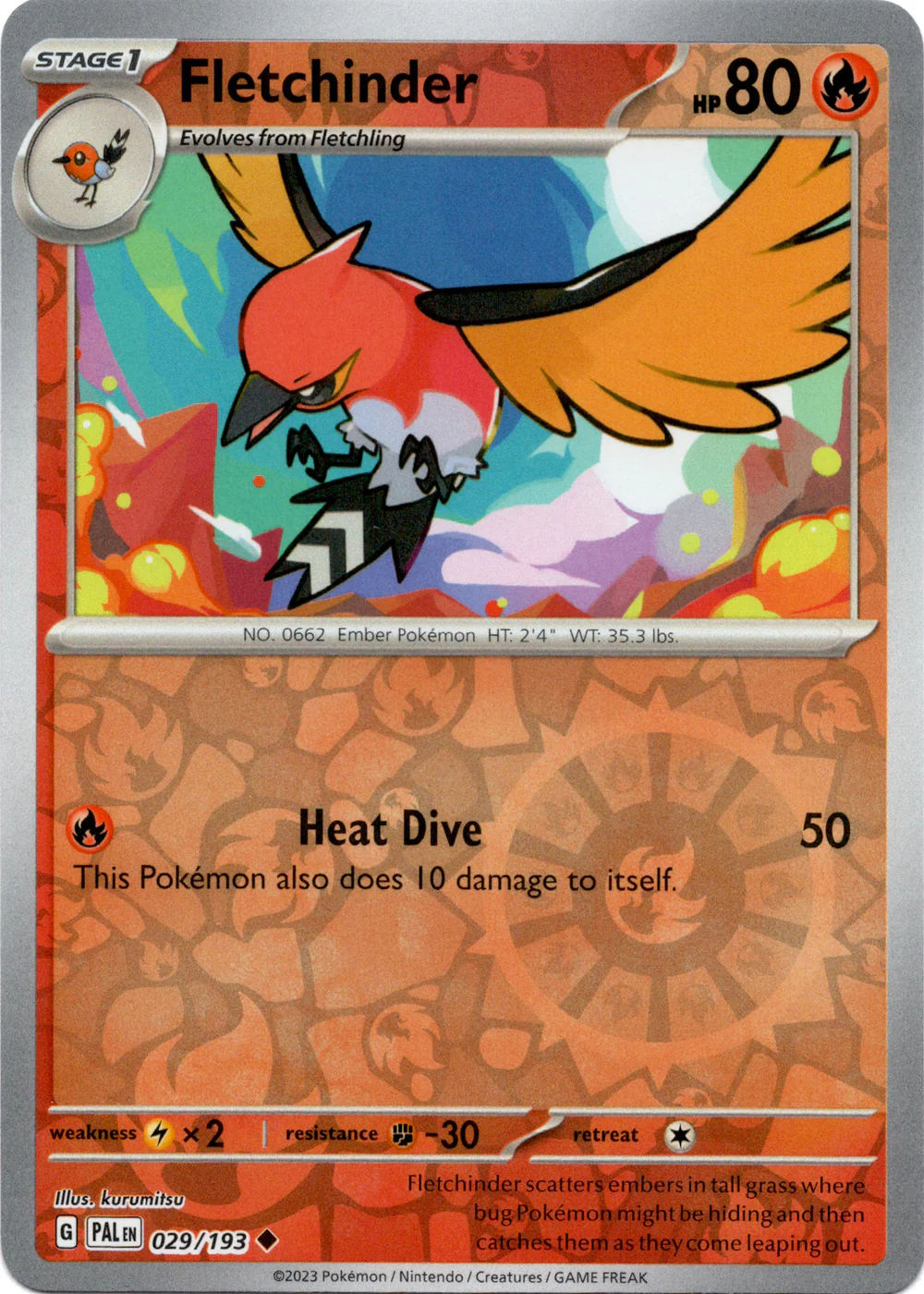 Fletchinder 029/193 Scarlet and Violet Paldea Evolved Reverse Holo Uncommon Pokemon Card