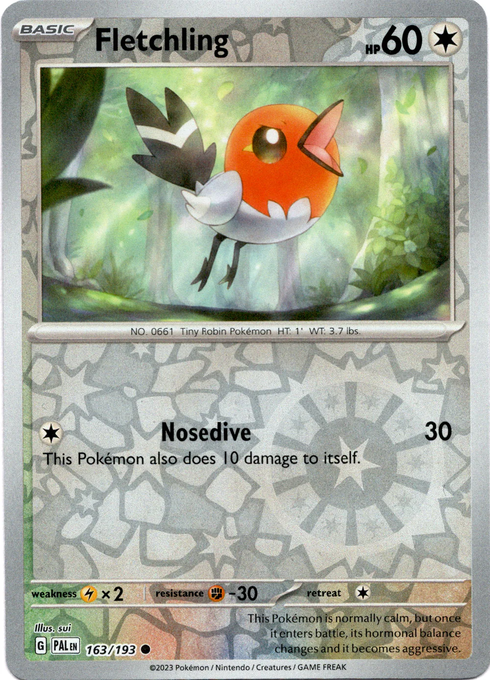 Fletchling 163/193 Scarlet and Violet Paldea Evolved Reverse Holo Common Pokemon Card