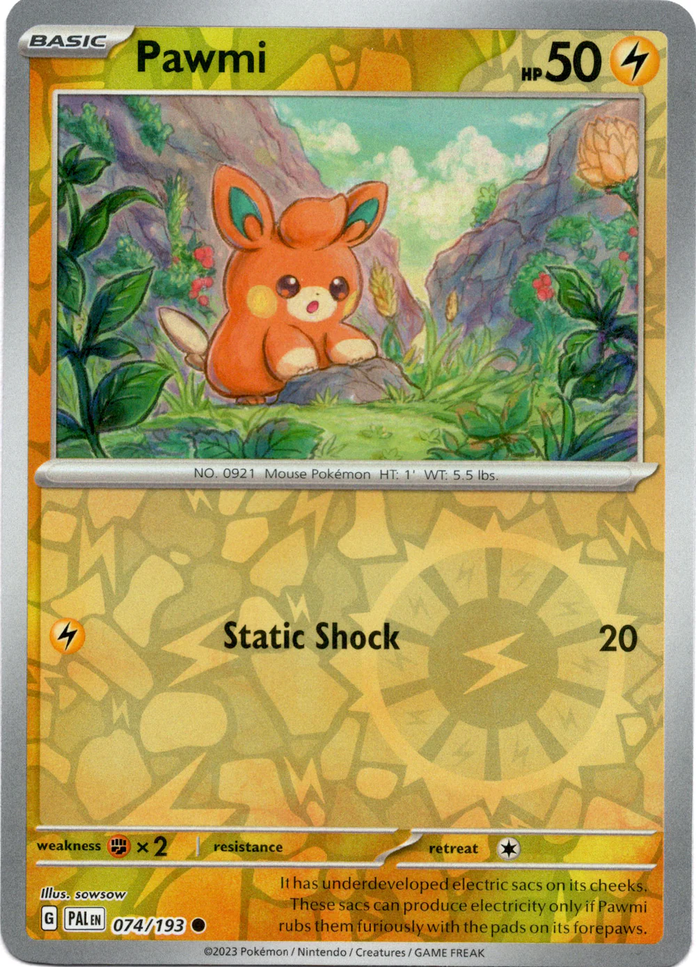 Pawmi 074/193 Scarlet and Violet Paldea Evolved Reverse Holo Common Pokemon Card