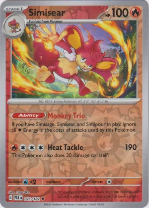 Simisear 021/182 Scarlet and Violet Paradox Rift Reverse Holo Uncommon Pokemon Card