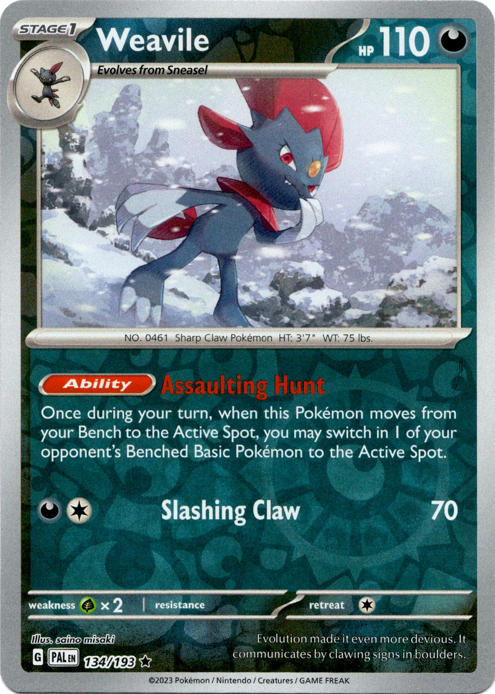 Weavile 134/193 Scarlet and Violet Paldea Evolved Reverse Holo Rare Pokemon Card