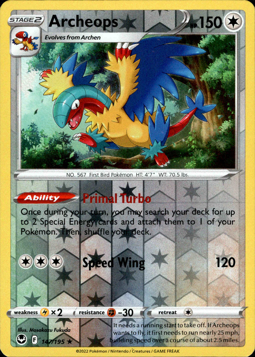 Archeops 147/195 SWSH Silver Tempest Reverse Holo Rare Pokemon Card