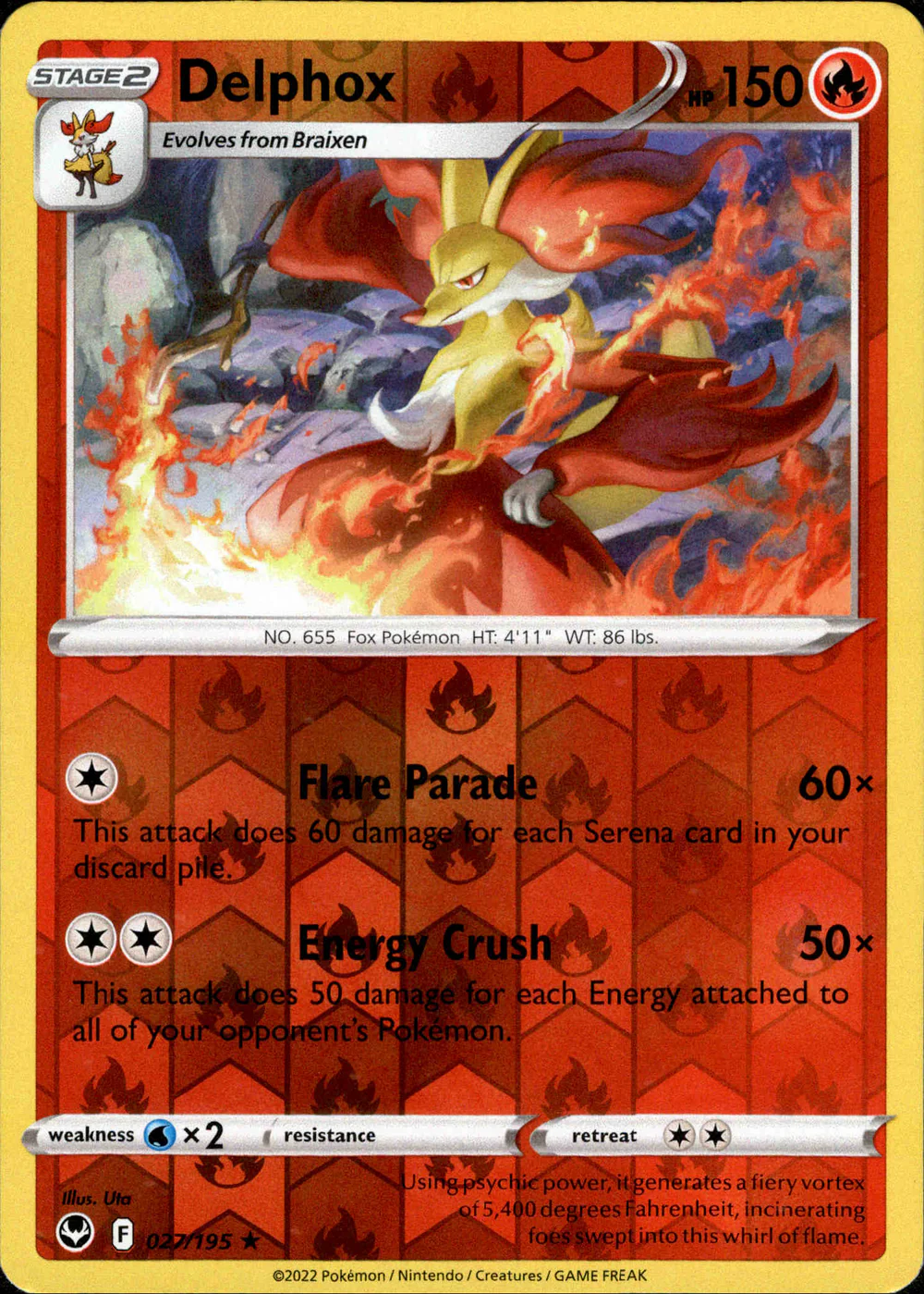 Delphox 027/195 SWSH Silver Tempest Reverse Holo Rare Pokemon Card