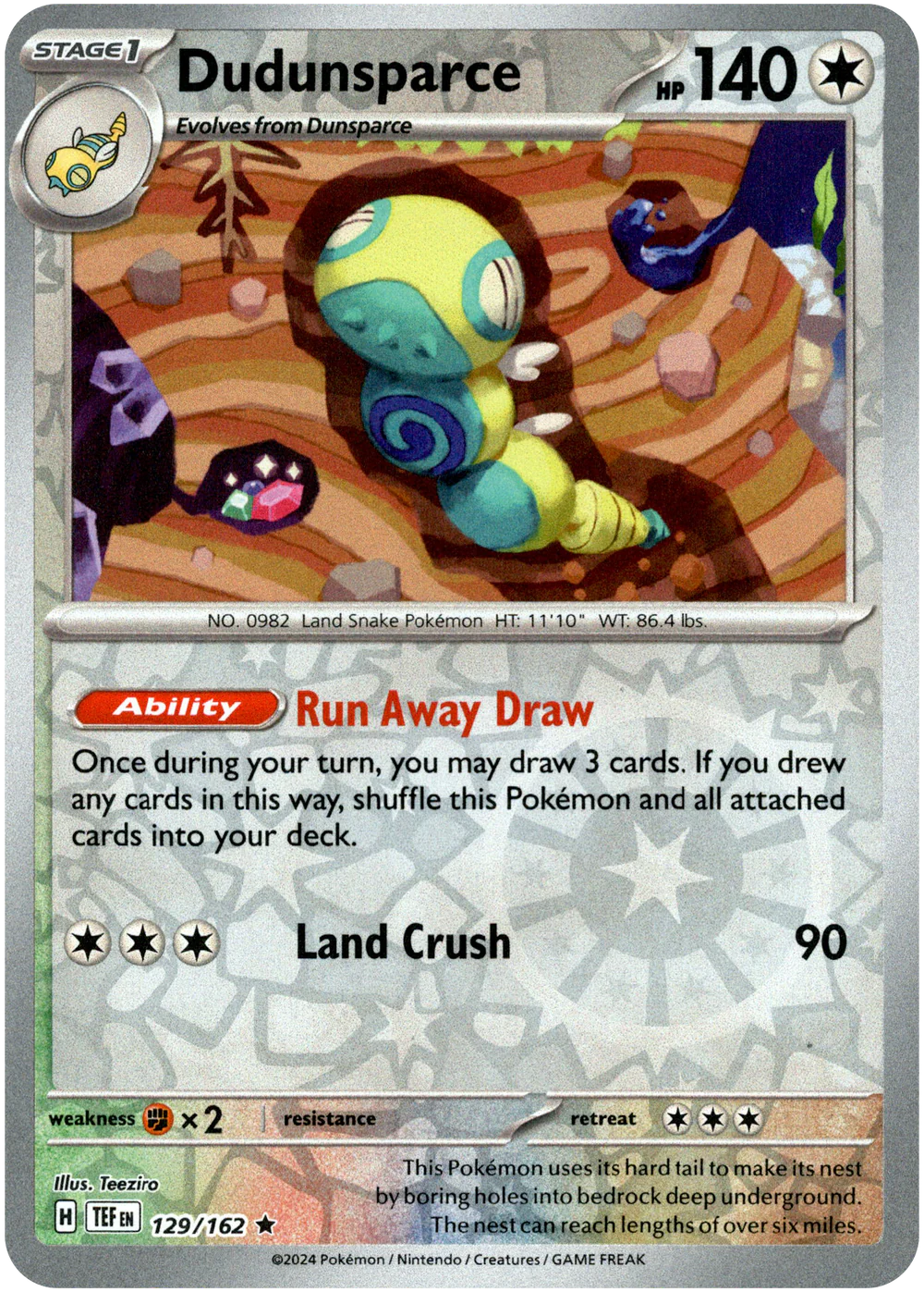 Dudunsparce 129/162 Scarlet and Violet Temporal Forces Reverse Holo Rare Pokemon Card