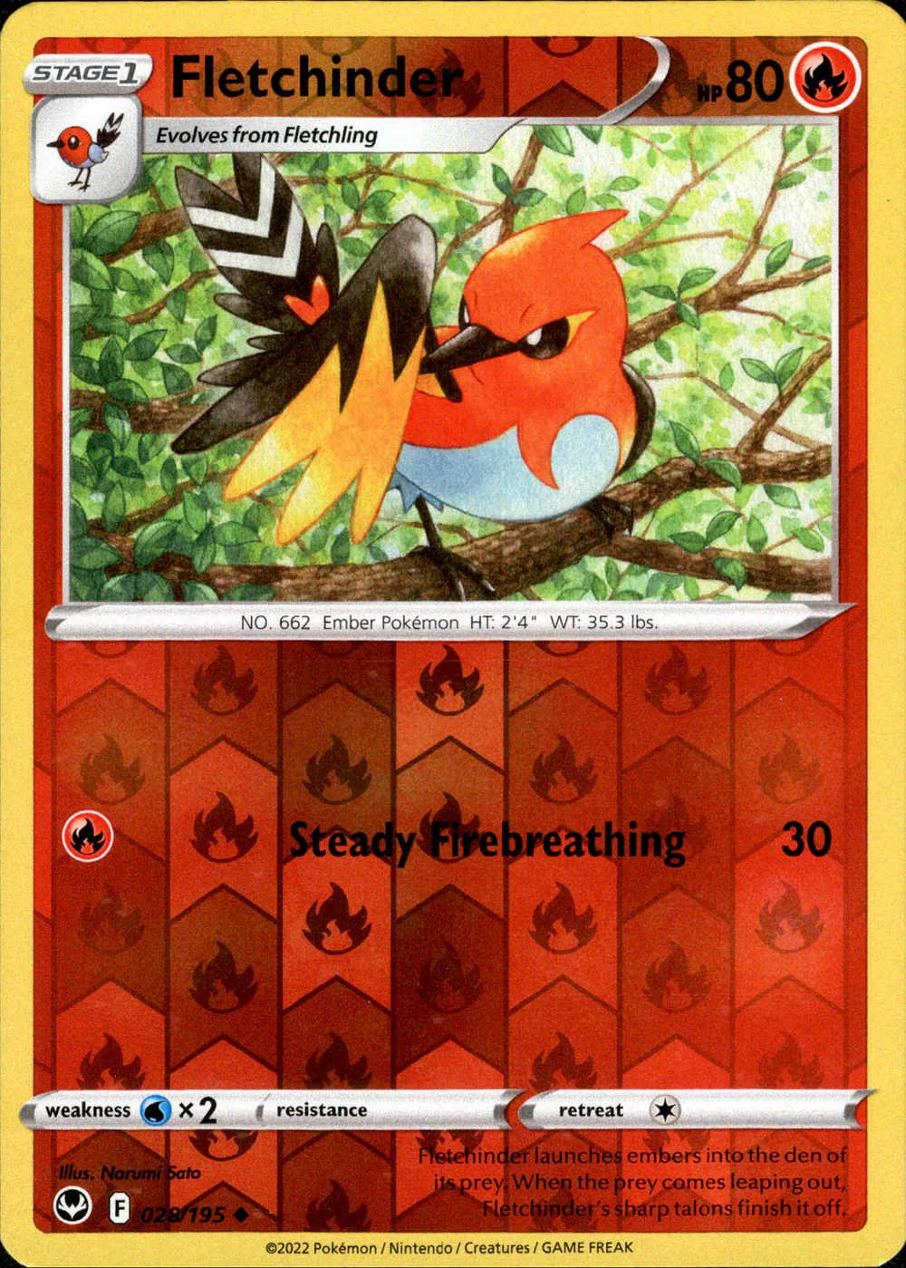 Fletchinder 028/195 SWSH Silver Tempest Reverse Holo Uncommon Pokemon Card
