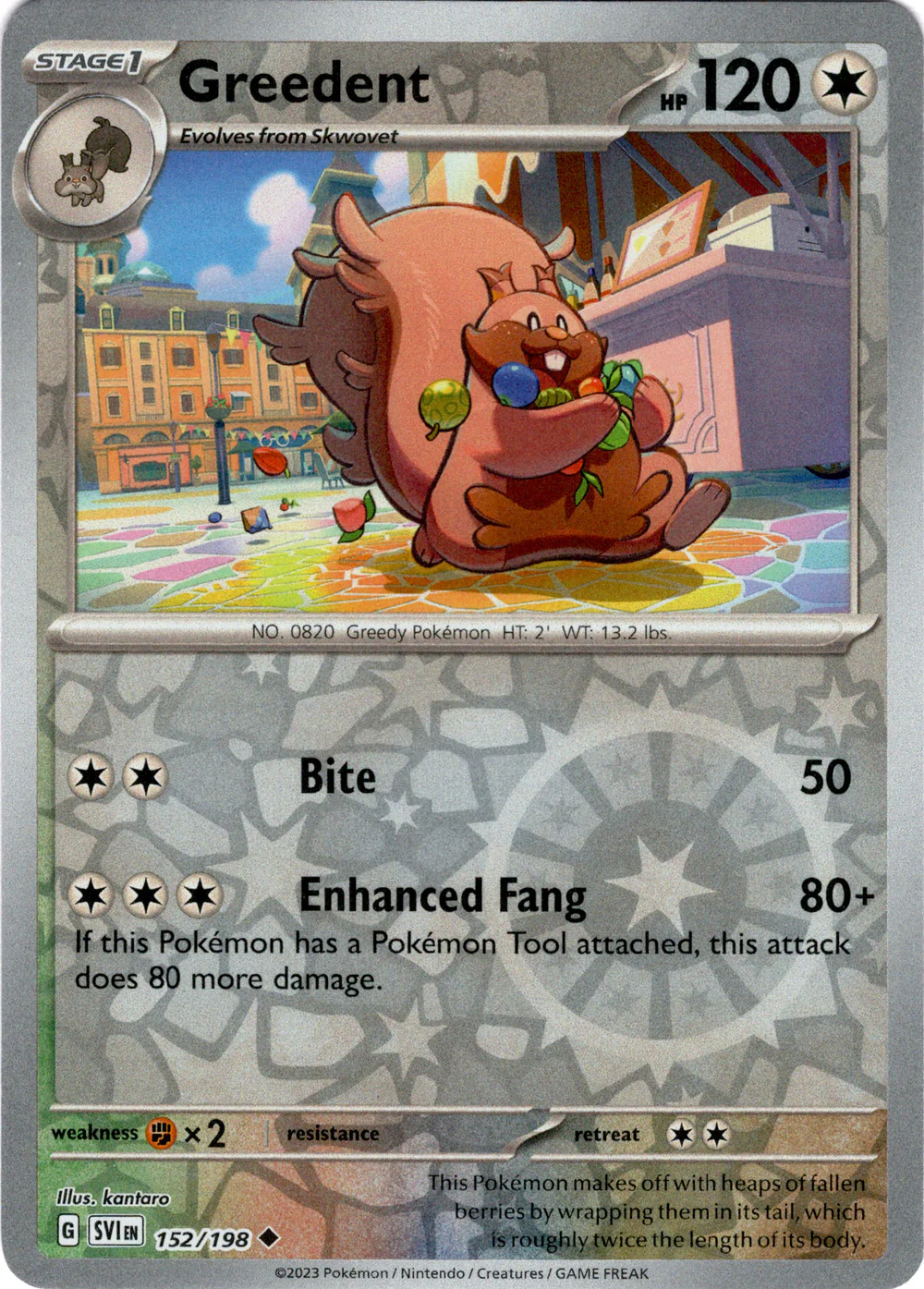 Greedent 152/198 Scarlet and Violet Base Reverse Holo Uncommon Pokemon Card