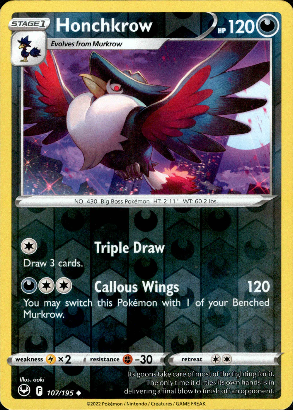 Honchkrow 107/195 SWSH Silver Tempest Reverse Holo Uncommon Pokemon Card