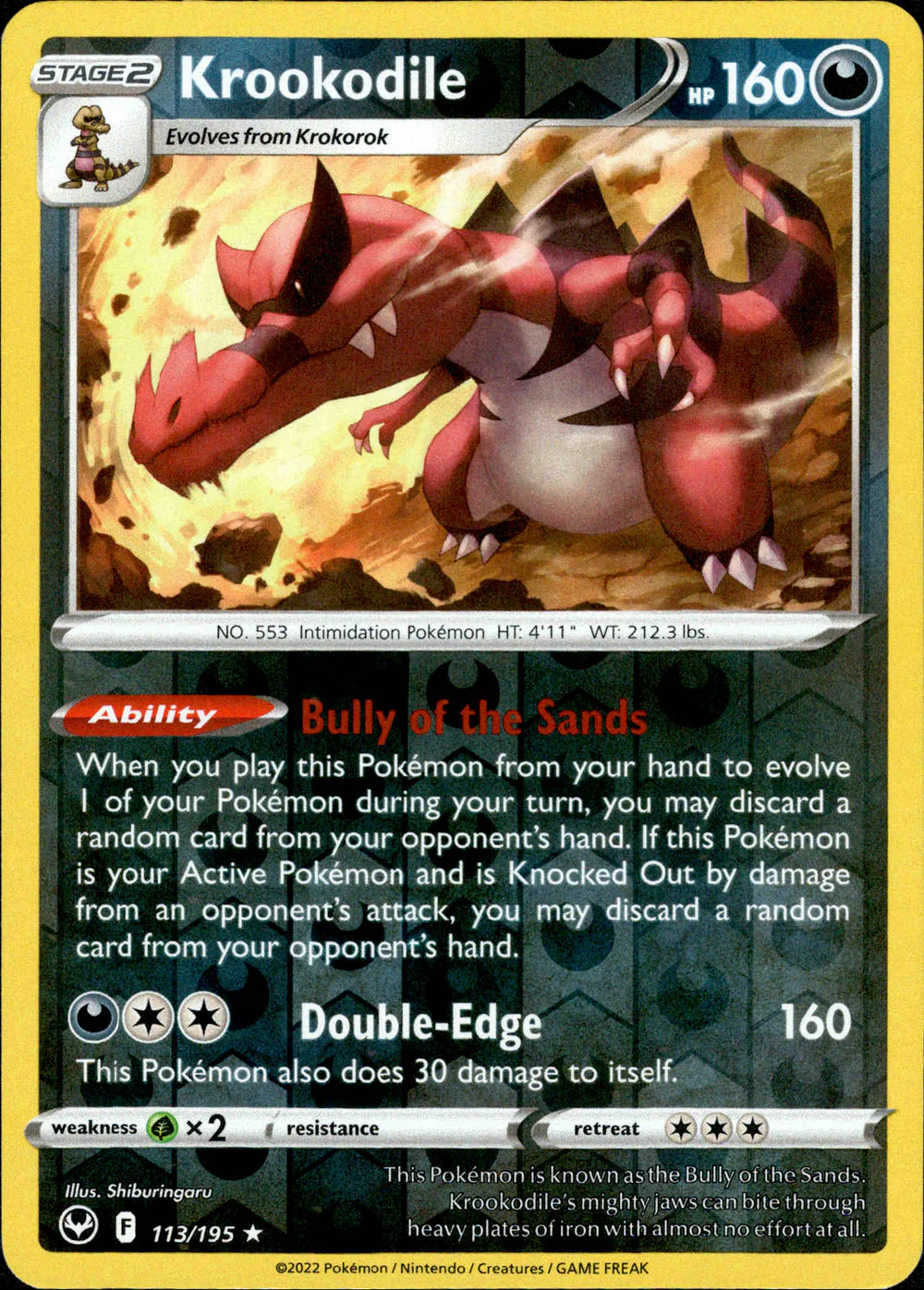 Krookodile 113/195 SWSH Silver Tempest Reverse Holo Rare Pokemon Card