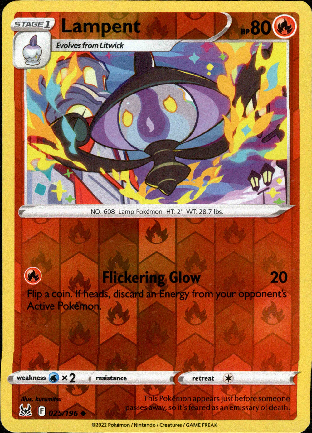 Lampent 025/196 SWSH Lost Origin Reverse Holo Uncommon Pokemon Card