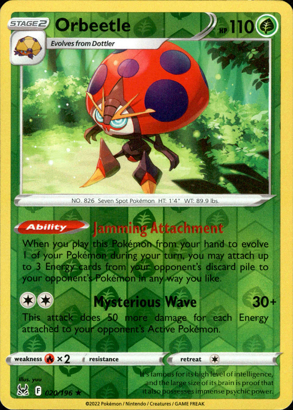 Orbeetle 020/196 SWSH Lost Origin Reverse Holo Rare Pokemon Card