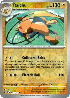 Raichu 052/162 Scarlet and Violet Temporal Forces Reverse Holo Common Pokemon Card