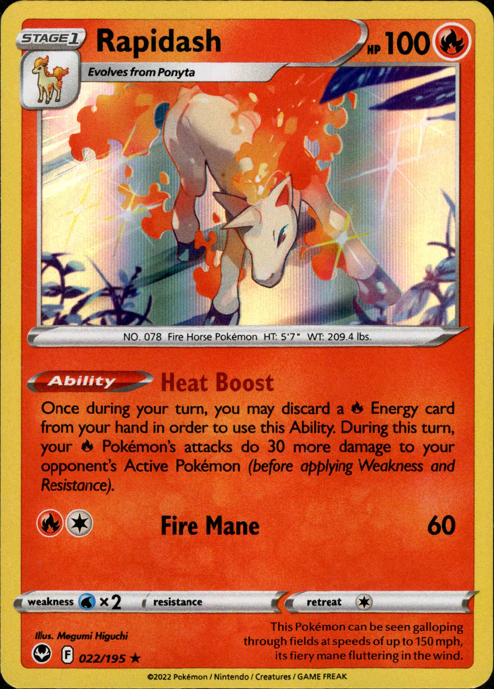 Rapidash 022/195 SWSH Silver Tempest Holo Rare Pokemon Card