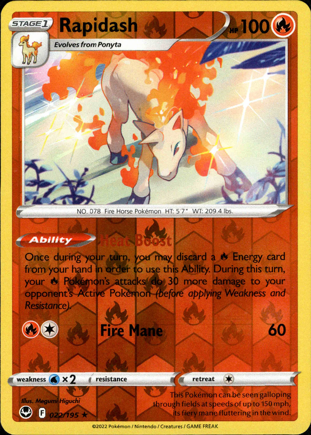 Rapidash 022/195 SWSH Silver Tempest Reverse Holo Rare Pokemon Card