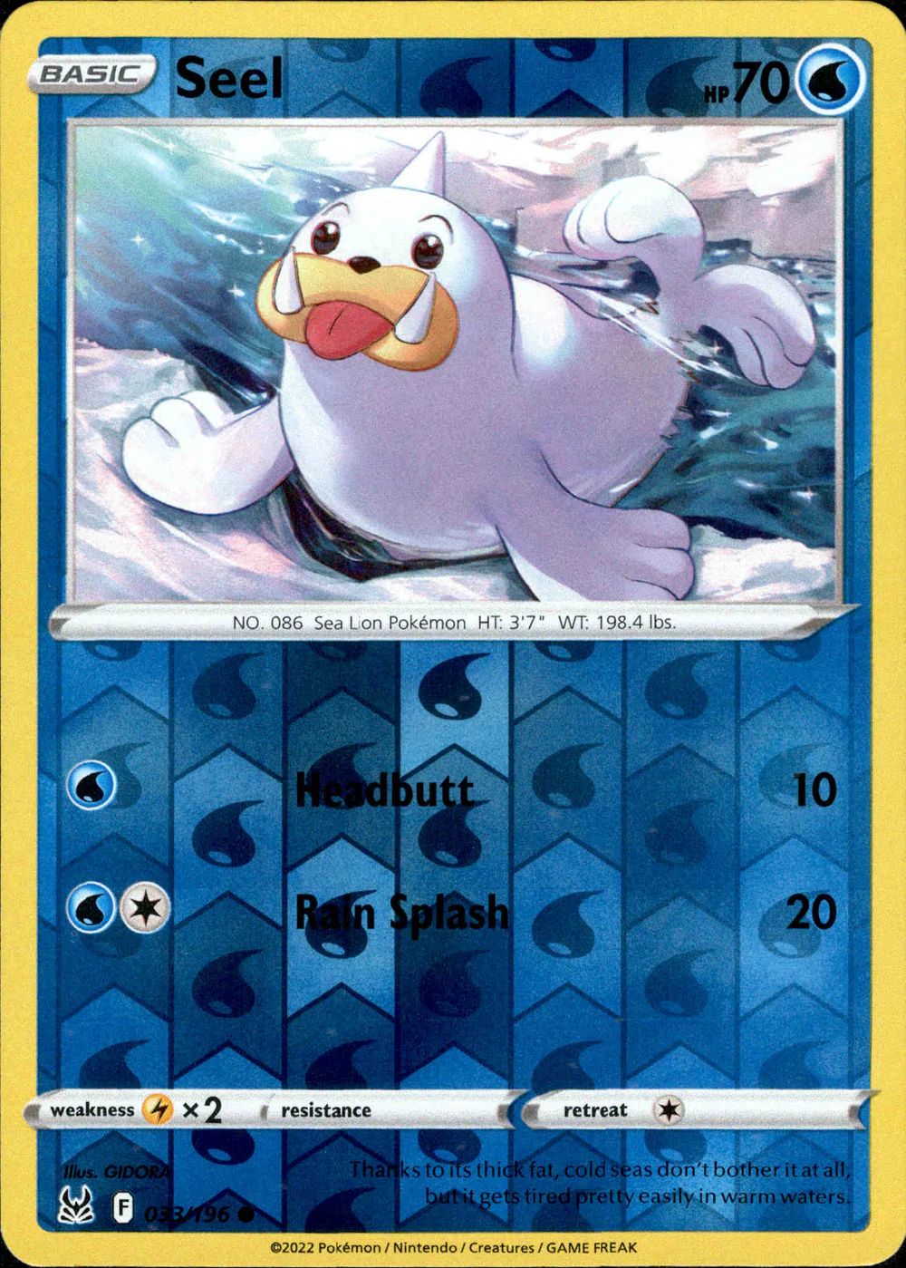 Seel 033/196 SWSH Lost Origin Reverse Holo Common Pokemon Card