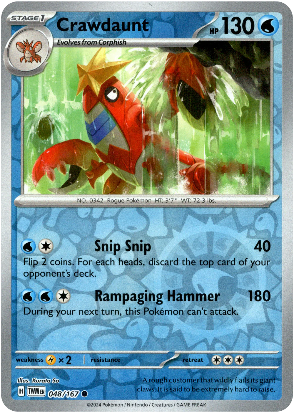 Crawdaunt 048/167 Scarlet and Violet Twilight Masquerade Reverse Holo Common Pokemon Card