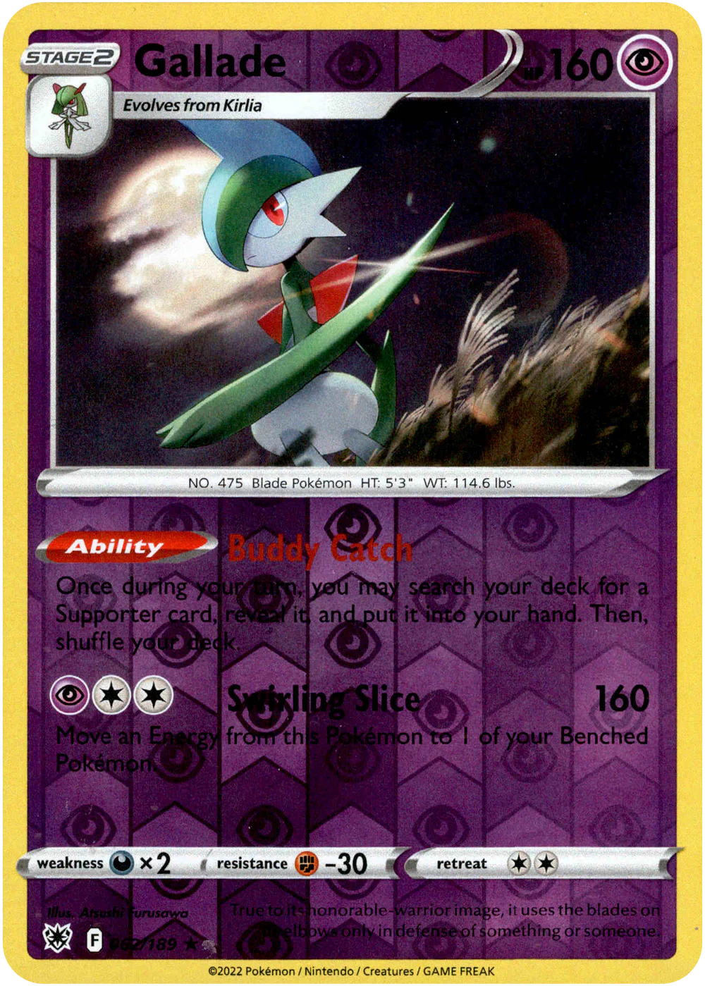 Pokmon Card - Gallade Holo Rare 062/189 From Astral Radiance Set (Near  Mint Condition) Pokmon Cards