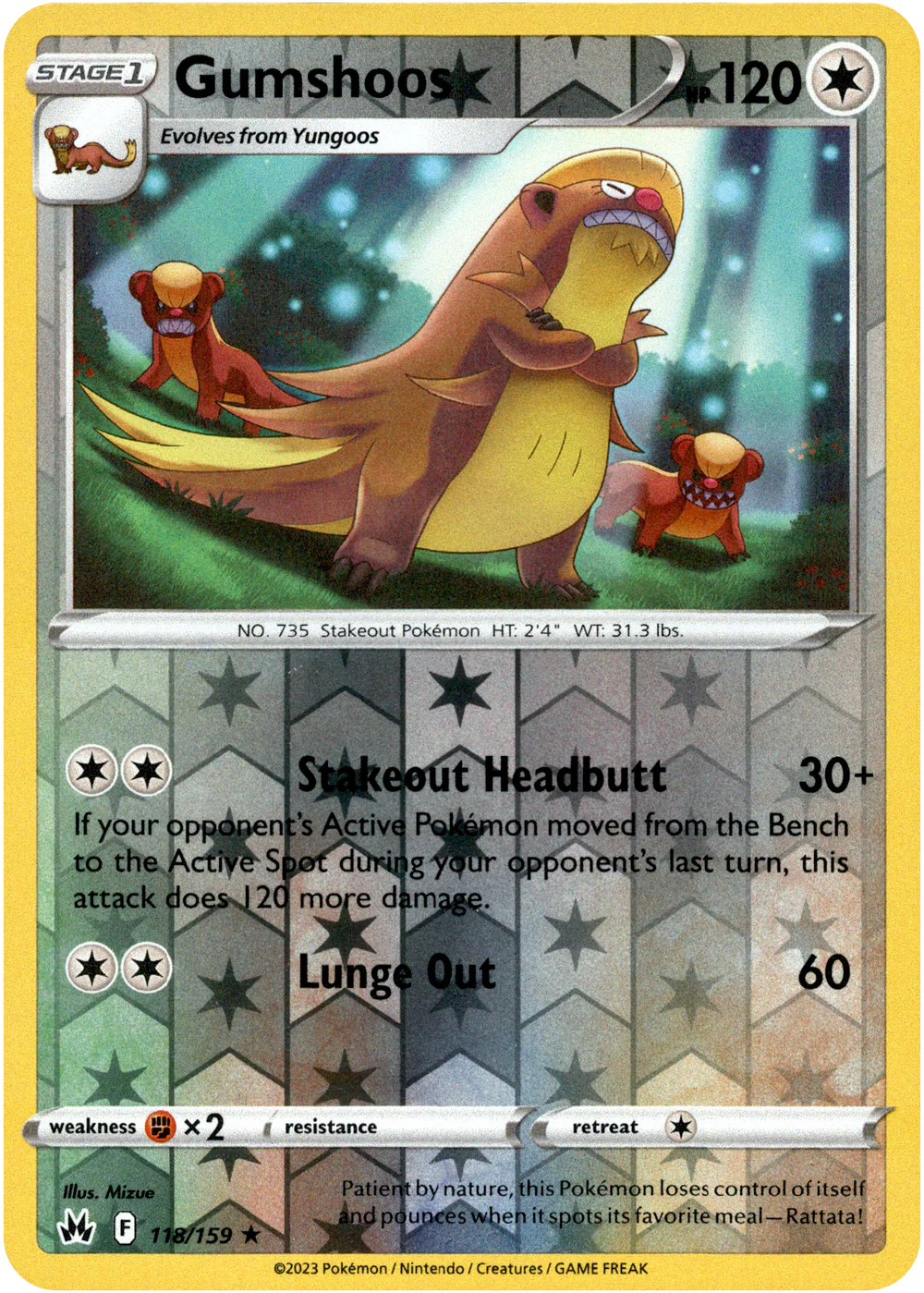 Gumshoos 118/159 Crown Zenith Reverse Holo Rare Pokemon Card