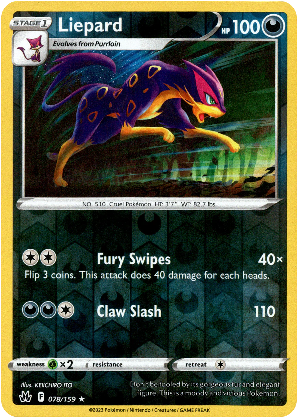 Liepard 078/159 Crown Zenith Reverse Holo Rare Pokemon Card