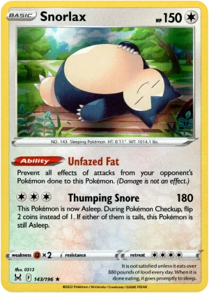 Snorlax 143/196 SWSH Lost Origin Holo Rare Pokemon Card