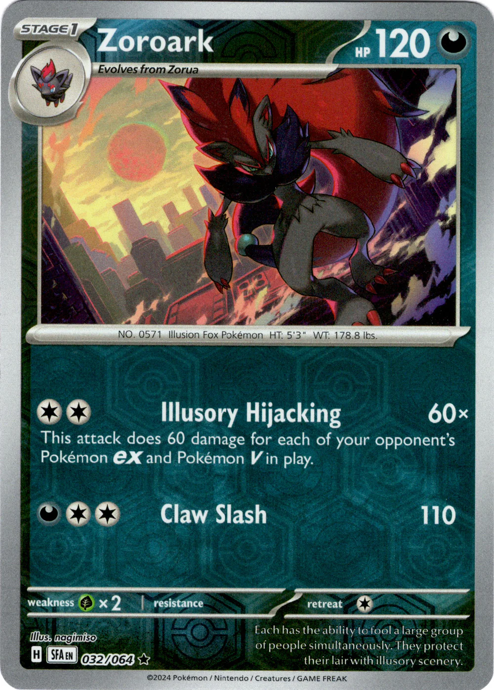 Zoroark 032/064 Scarlet and Violet Shrouded Fable Reverse Holo Rare Pokemon Card
