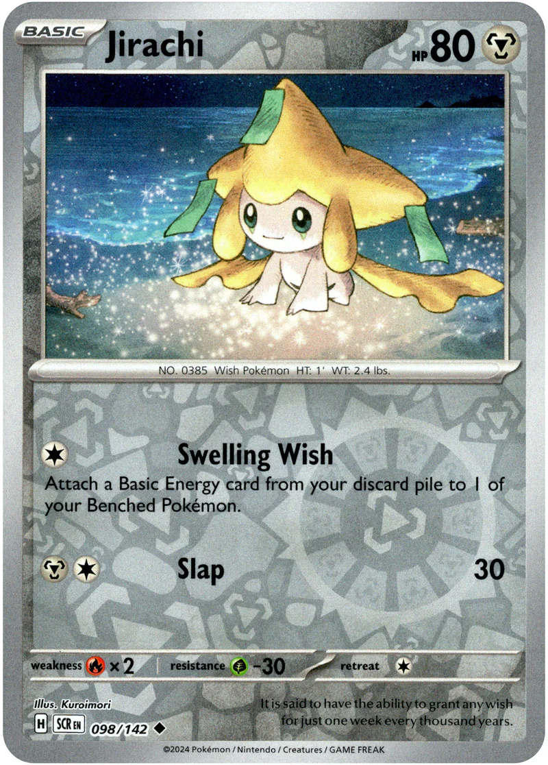 Jirachi 098/142 Scarlet and Violet Stellar Crown Reverse Holo Uncommon Pokemon Card
