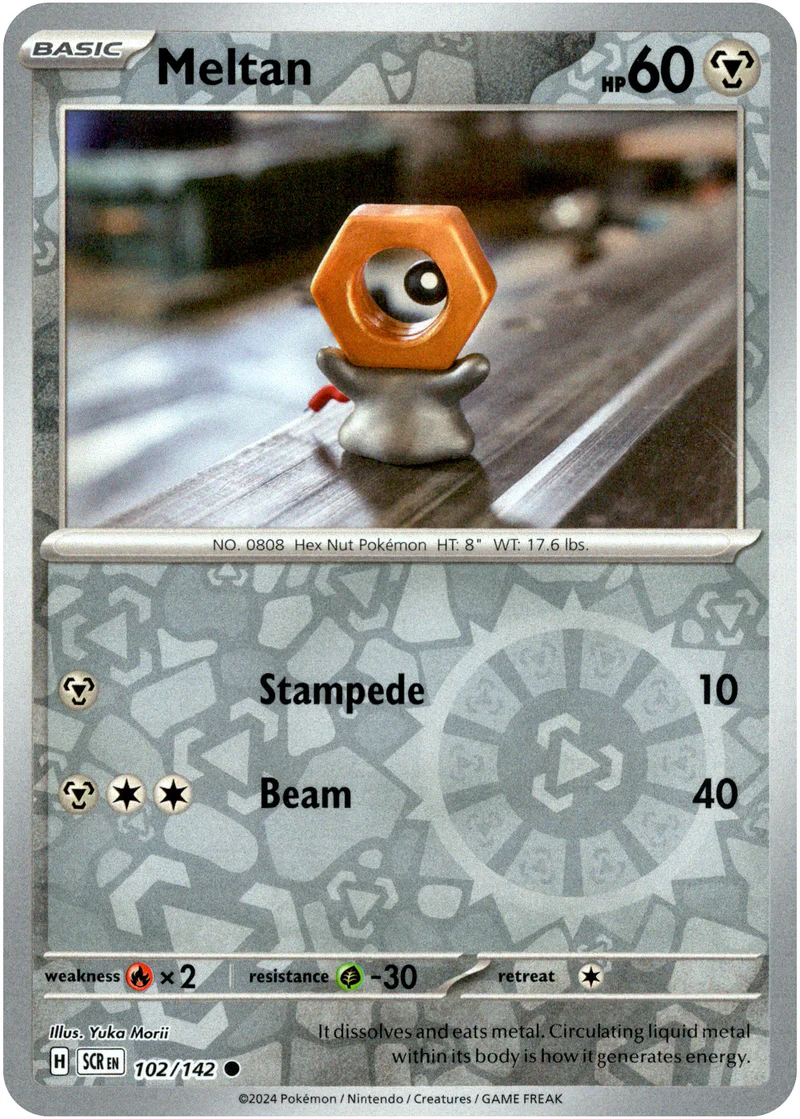 Meltan 102/142 Scarlet and Violet Stellar Crown Reverse Holo Common Pokemon Card