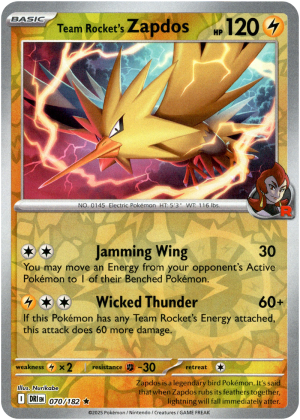 Team Rocket's Zapdos 070/182 Scarlet and Violet Destined Rivals Reverse Holo Rare Pokemon Card